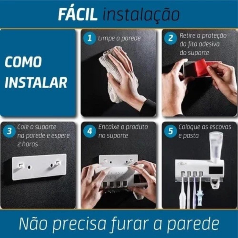 EscovaSegura UV™ – Dispenser de Creme Dental com Esterilizador Inteligente para Banheiro - Casas Morenza